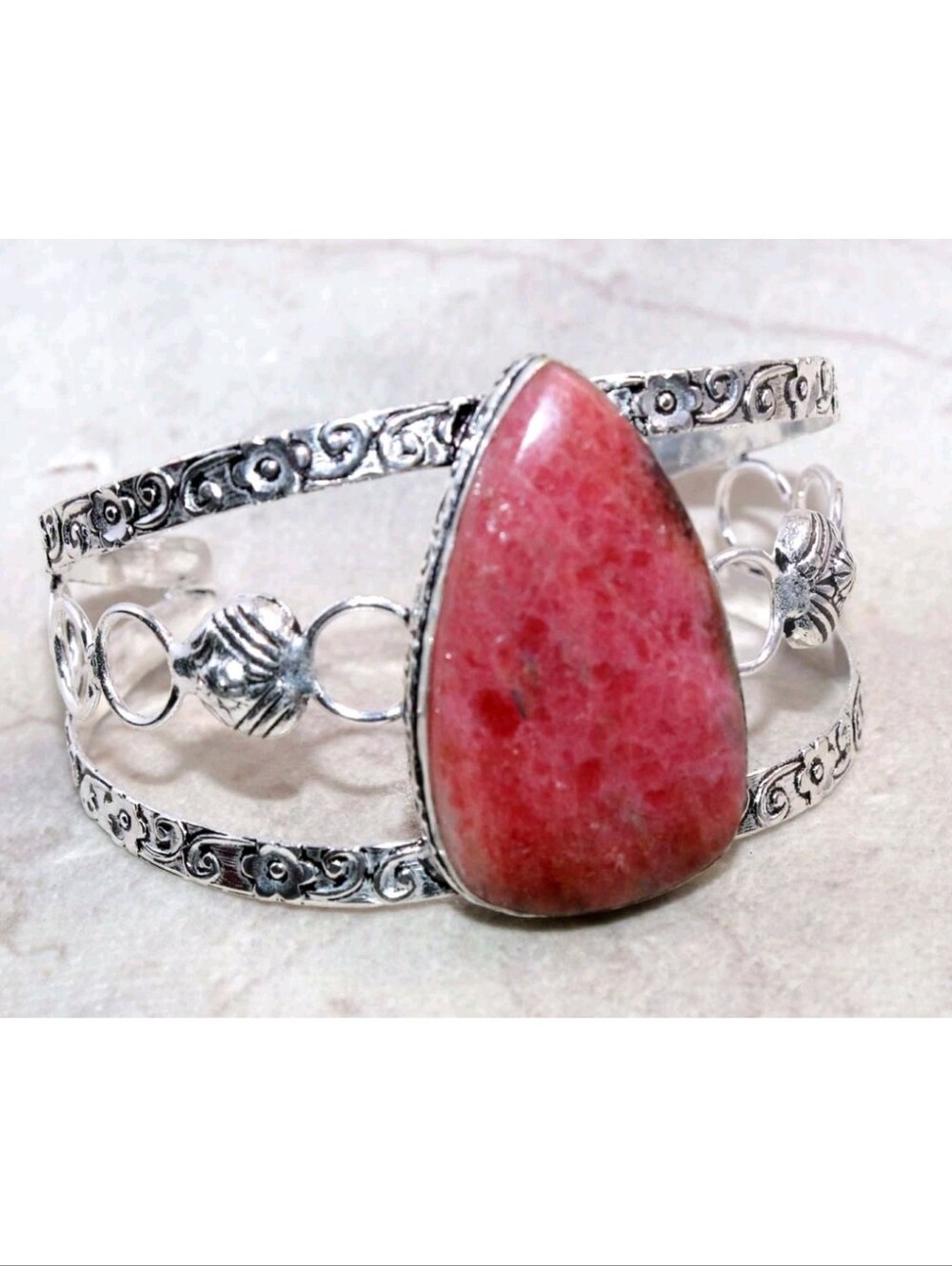 Rhodonite Gemstone Jewelry 925 Sterling Silver Handmade Adjustable Cuff Bracelet